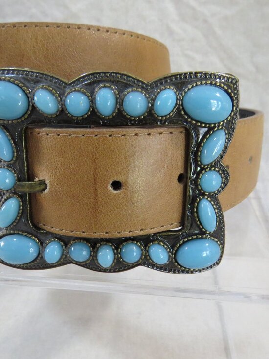Landes Leather Belt with Faux Turquoise Buckle SIZE XL Tan Brown, Made in Canada main image 7